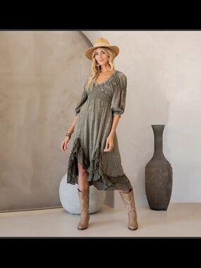 Young Threads Smocked V-Neck Olive Green Asymmetrical Ruffle Midi Dress